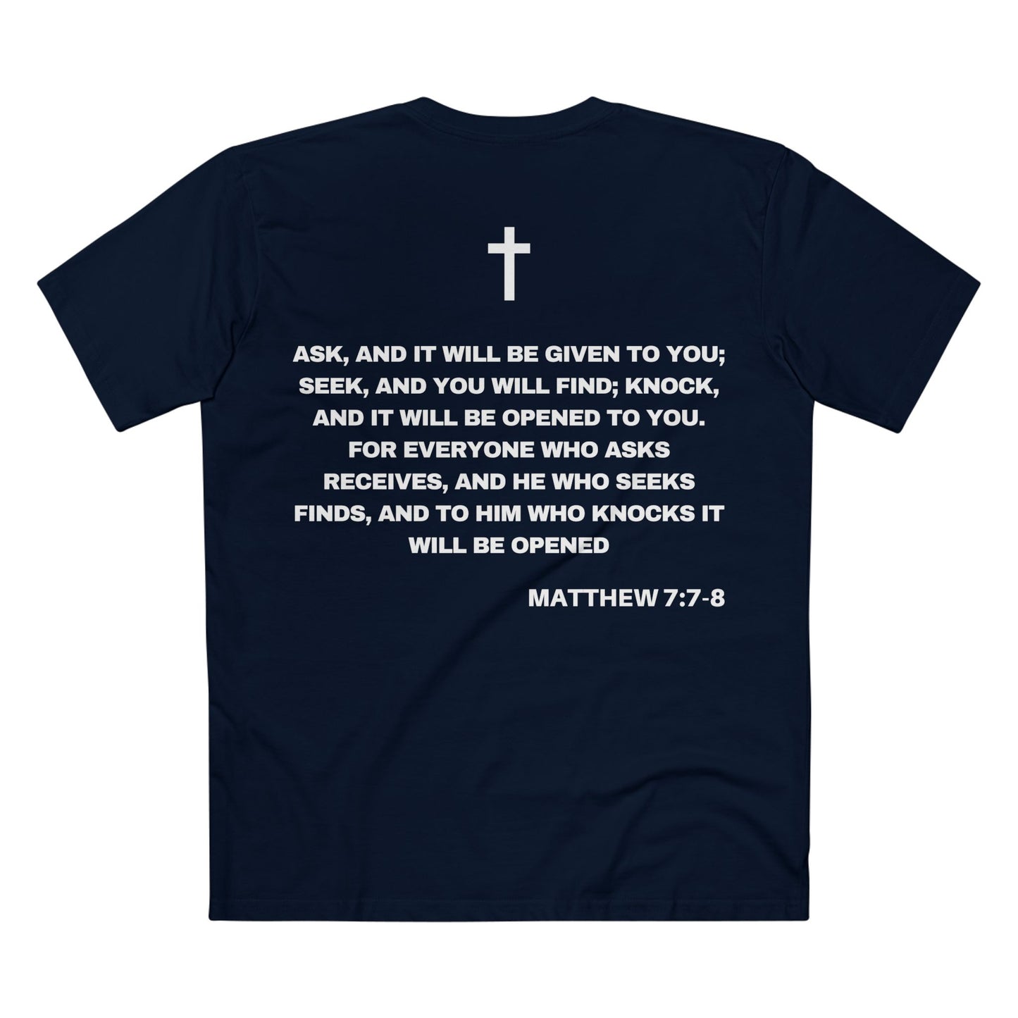 Back of Surrendered Apparel navy Christian T-shirt featuring the Bible verse Matthew 7:7-8 in bold text, perfect for sharing faith and Jesus
